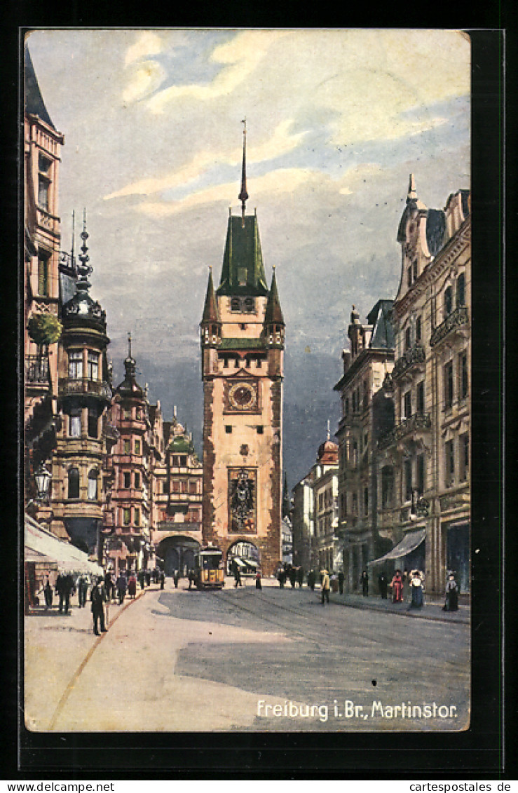 Künstler-AK Freiburg, Strassenpartie Am Martinstor Mit Strassenbahn  - Freiburg I. Br.