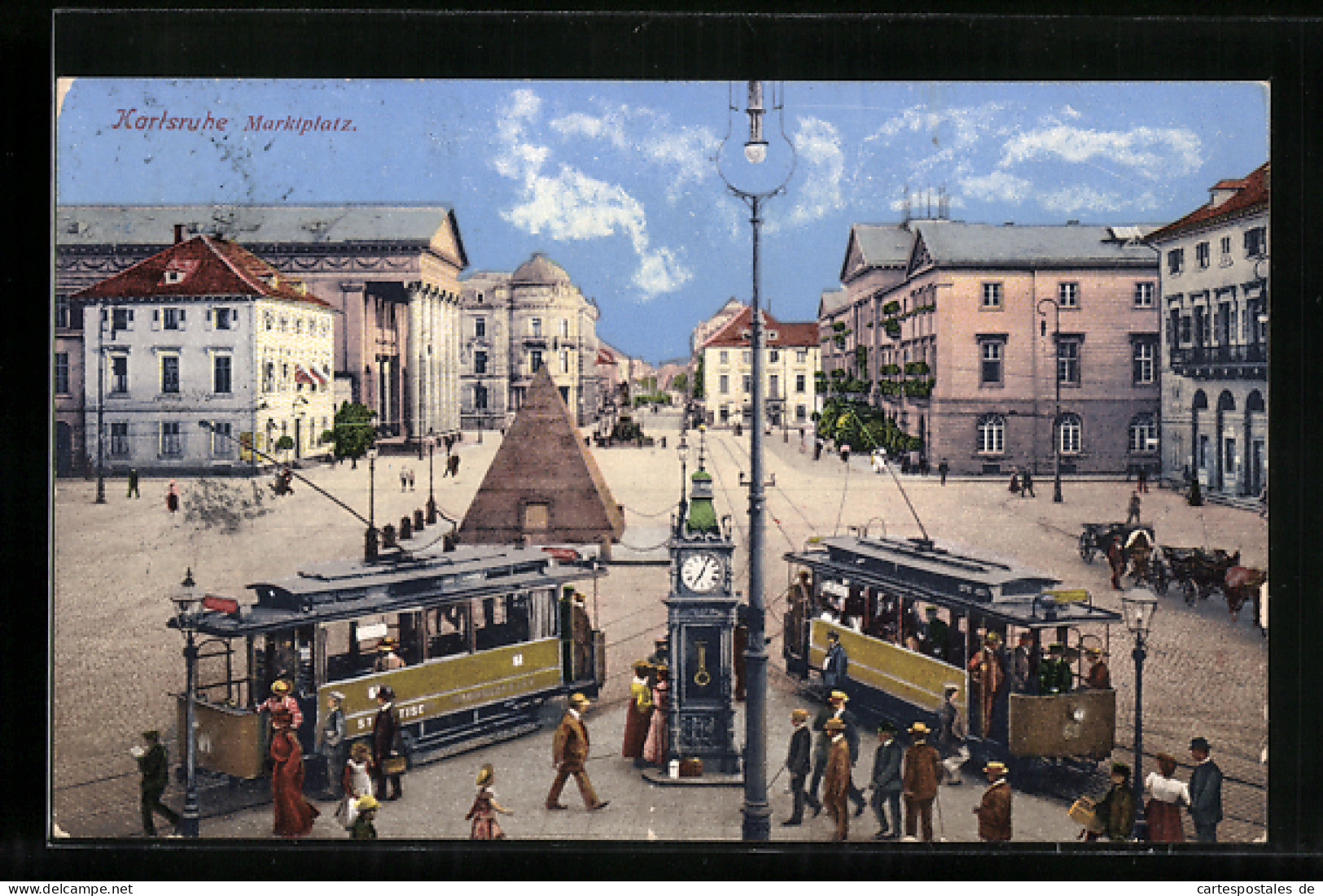 AK Karlsruhe, Marktplatz Mit Strassenbahn Und Pferdekutsche  - Tramways