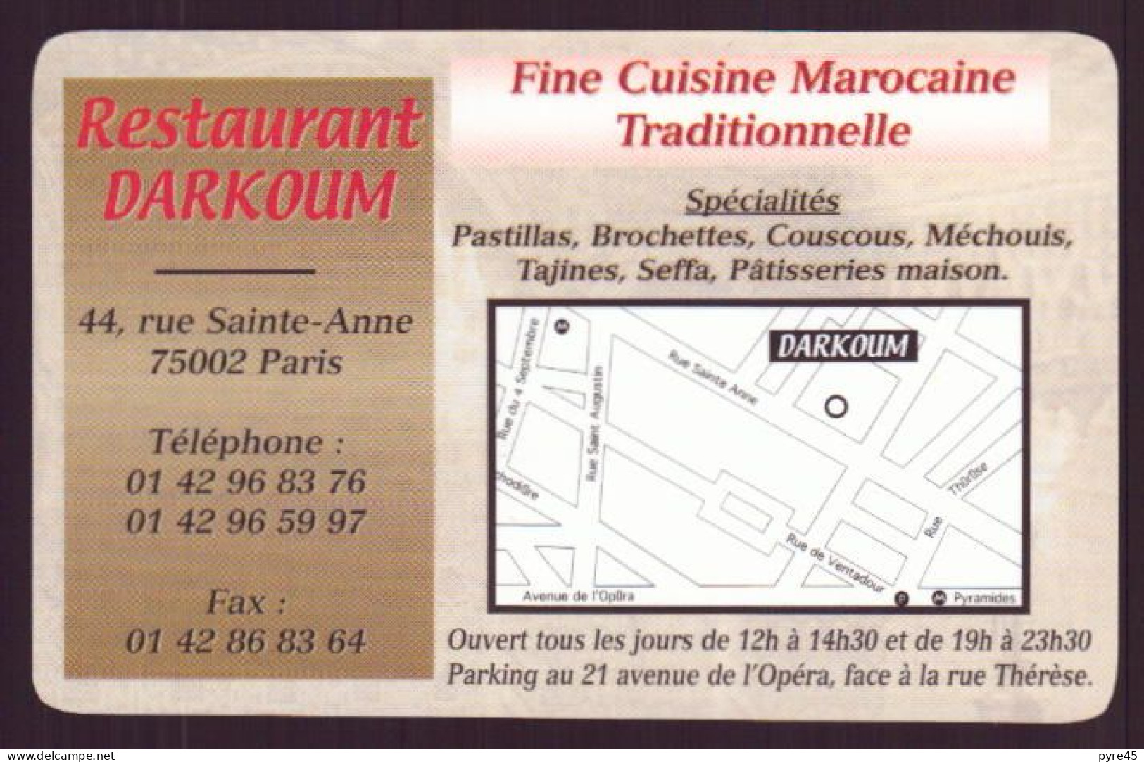 CARTE PUBLICITAIRE RESTAURANT DARKOUM CUISINE MAROCAINE TRADITIONNELLE A PARIS - Cartes De Visite