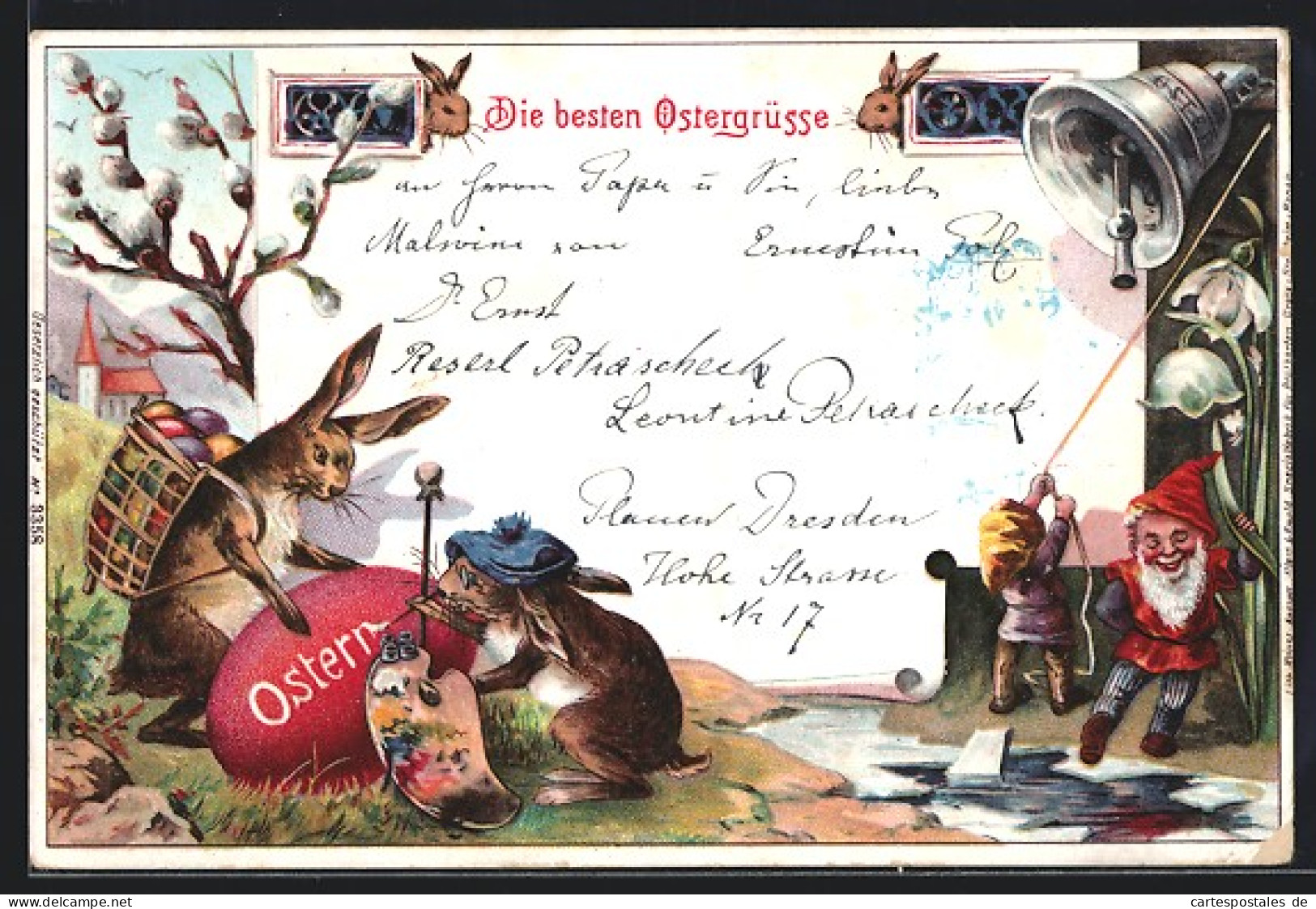 Lithographie Osterhasen Mit Ostereiern, Zwerg Läutet Die Osterglocke  - Pâques