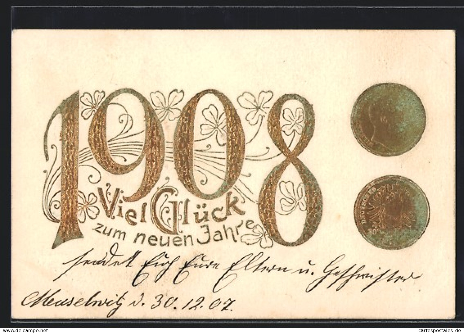 Präge-AK Jahreszahl 1908, Geldmünzen, Neujahrsgruss  - Coins (pictures)