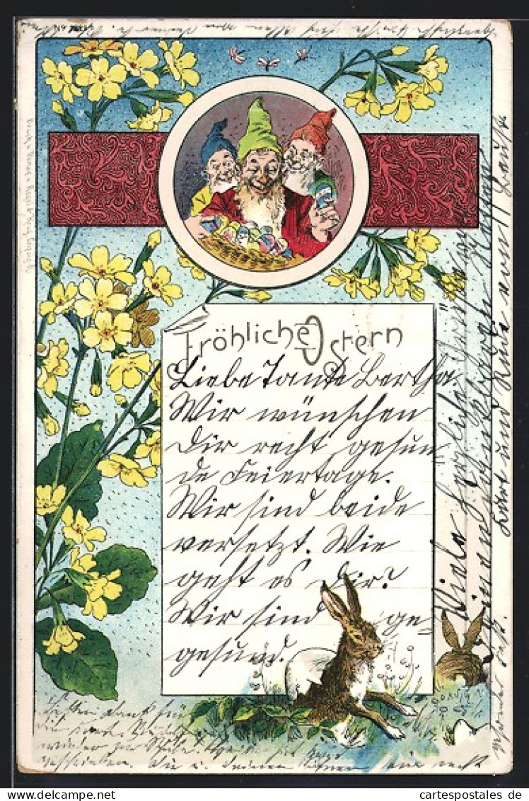 Lithographie Drei Zwerge Mit Ostereiern, Osterhasen, Blumen  - Pâques