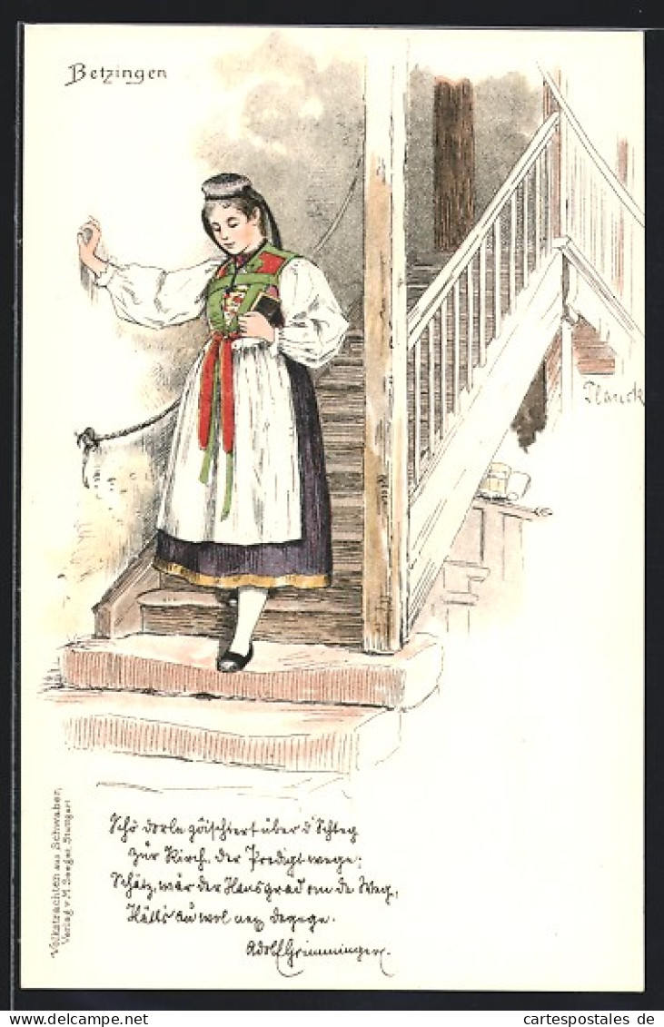 Lithographie Betzingen, Mädchen In Schwäbischer Tracht  - Costumes