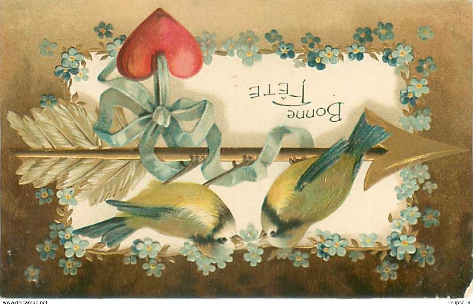 Carte Gaufrée   - Theme Oiseaux Fleche Coeur Bonne Fete  Q 2628 - Oiseaux