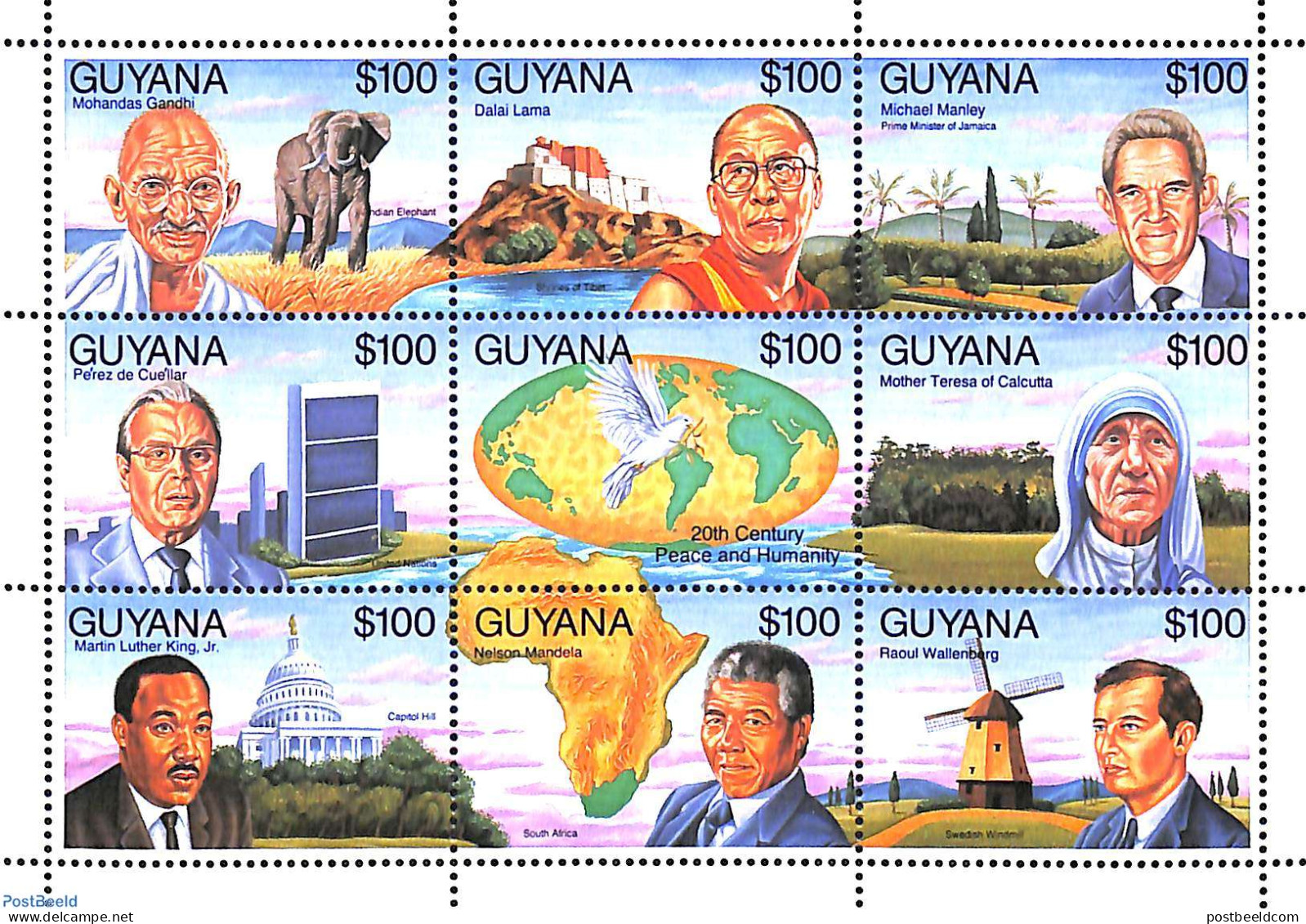 Guyana 1993 20th Century Personalities 9v M/s, Mint NH, History - Nature - Various - Gandhi - Nobel Prize Winners - Un.. - Mahatma Gandhi