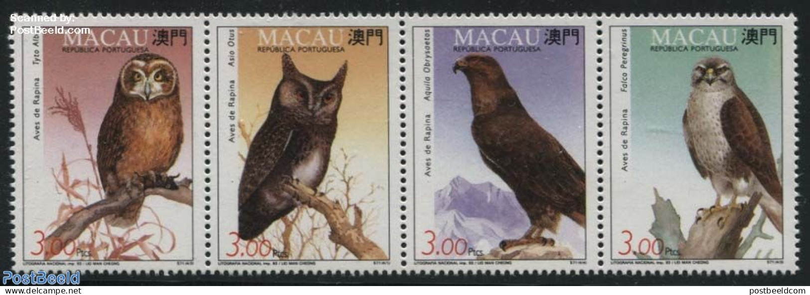 Macao 1993 Birds Of Prey 4v [:::] Or [+], Mint NH, Nature - Birds - Birds Of Prey - Owls - Unused Stamps