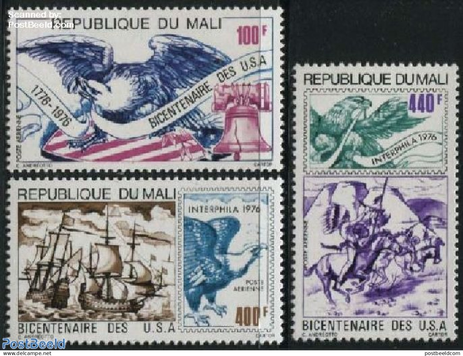 Mali 1976 US Independence 3v, Mint NH, History - Nature - Transport - US Bicentenary - Birds - Birds Of Prey - Stamps .. - Timbres Sur Timbres