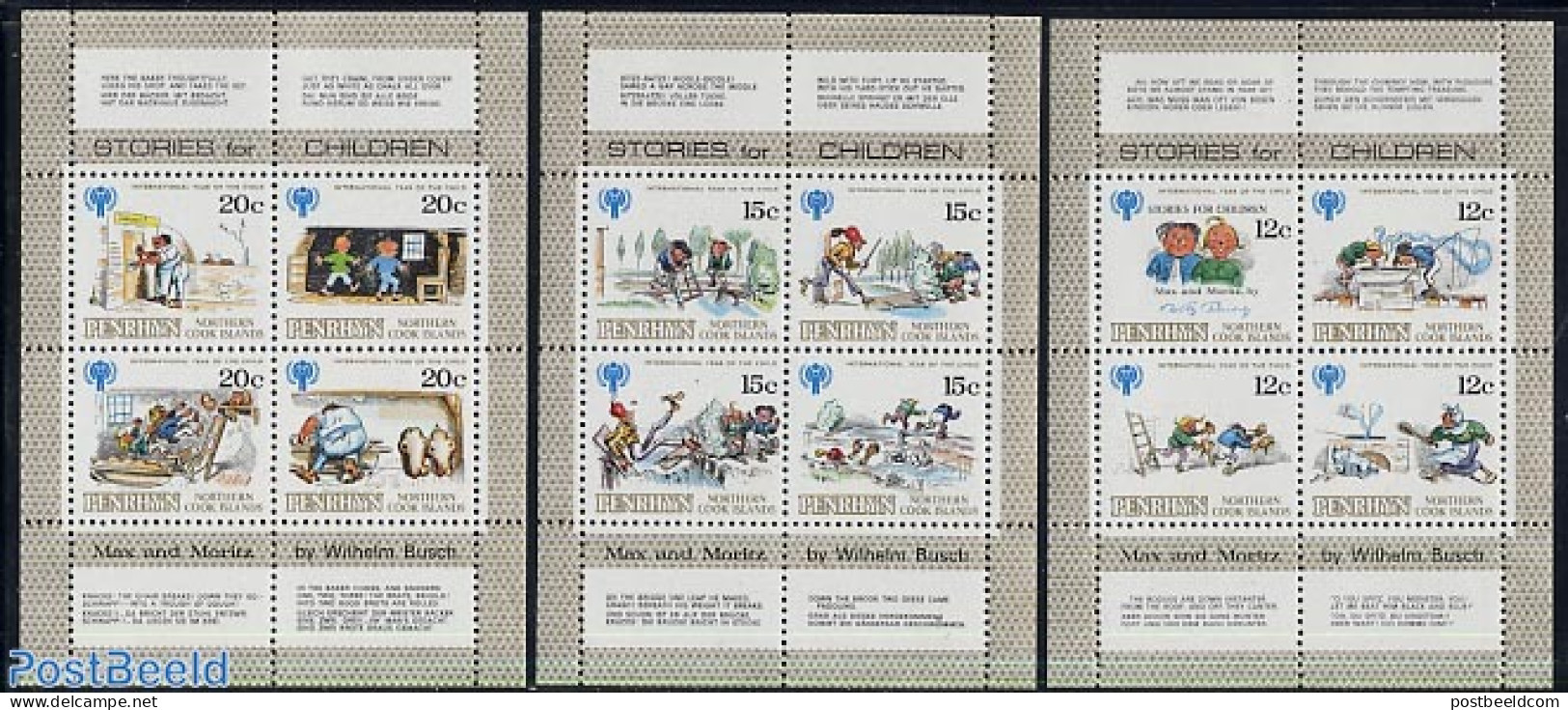 Penrhyn 1979 Int. Year Of The Cild 3 S/s, Mint NH, Various - Year Of The Child 1979 - Art - Children's Books Illustrat.. - Penrhyn