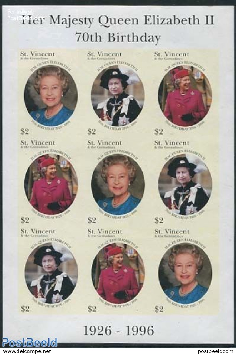 Saint Vincent 1996 Queens 70th Birthday M/s Imperforated, Mint NH, History - Kings & Queens (Royalty) - Familles Royales