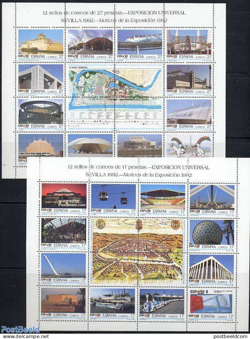 Spain 1992 Expo 2x12v M/s, Mint NH, Transport - Various - Cableways - Railways - Mills (Wind & Water) - World Expositi.. - Unused Stamps