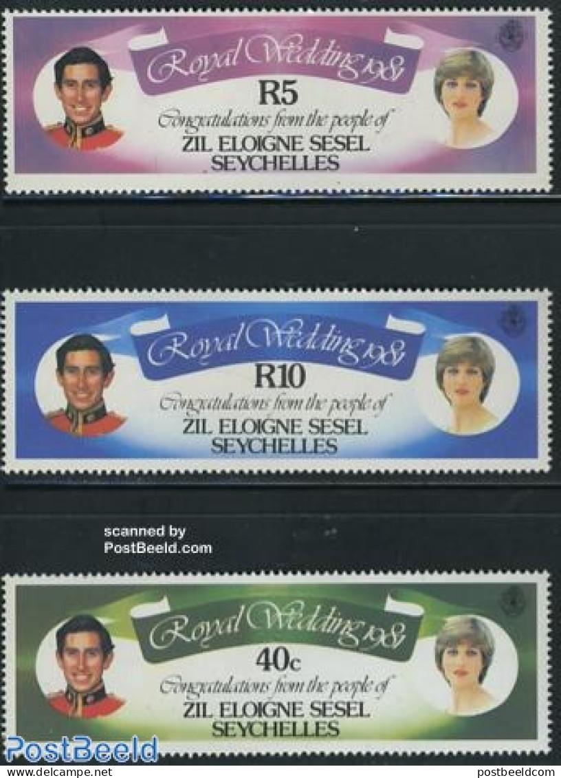 Seychelles, Zil Eloigne Sesel 1981 Royal Wedding 3v, Mint NH, History - Charles & Diana - Kings & Queens (Royalty) - Familles Royales