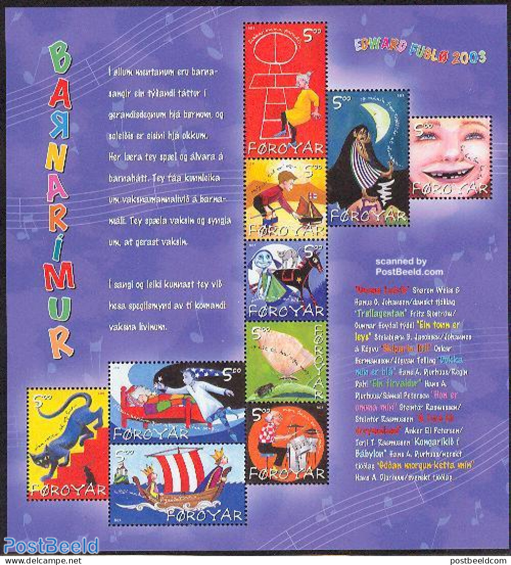 Faroe Islands 2003 Children Songs 10v M/s, Mint NH, Nature - Performance Art - Transport - Various - Cats - Insects - .. - Music