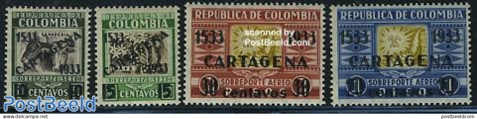 Colombia 1933 Cartagena, Overprints 4v, Mint NH, History - Nature - Science - Geology - Cattle - Mining - Colombia