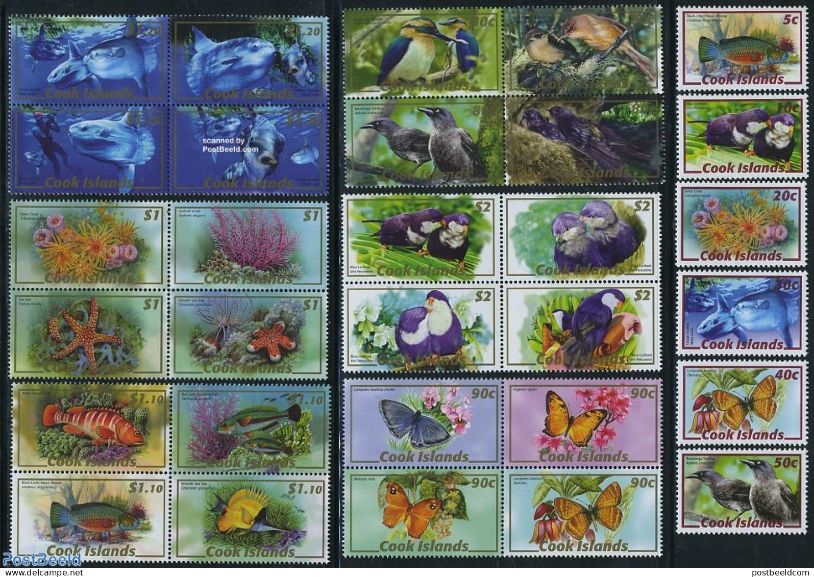 Cook Islands 2007 Definitives, Wildlife 30v (6v+6x[+]), Mint NH, Nature - Birds - Butterflies - Fish - Shells & Crusta.. - Poissons