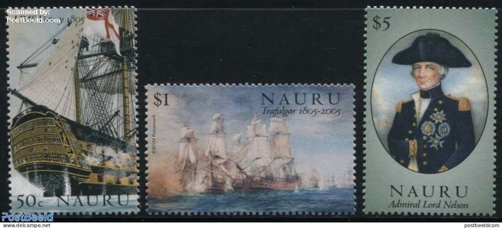 Nauru 2005 Battle Of Trafalgar 3v, Mint NH, History - Transport - Various - Decorations - Ships And Boats - Uniforms - Militaria