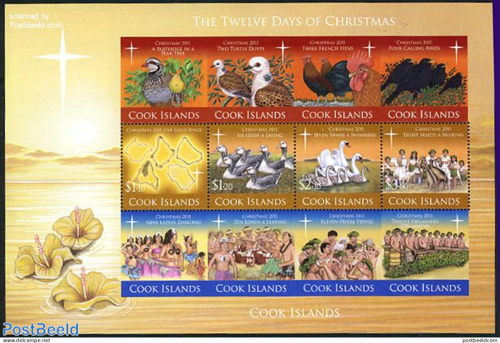 Cook Islands 2011 The Twelve Days Of Christmas S/s, Mint NH, History - Nature - Religion - Various - Birds - Cattle - .. - Noël