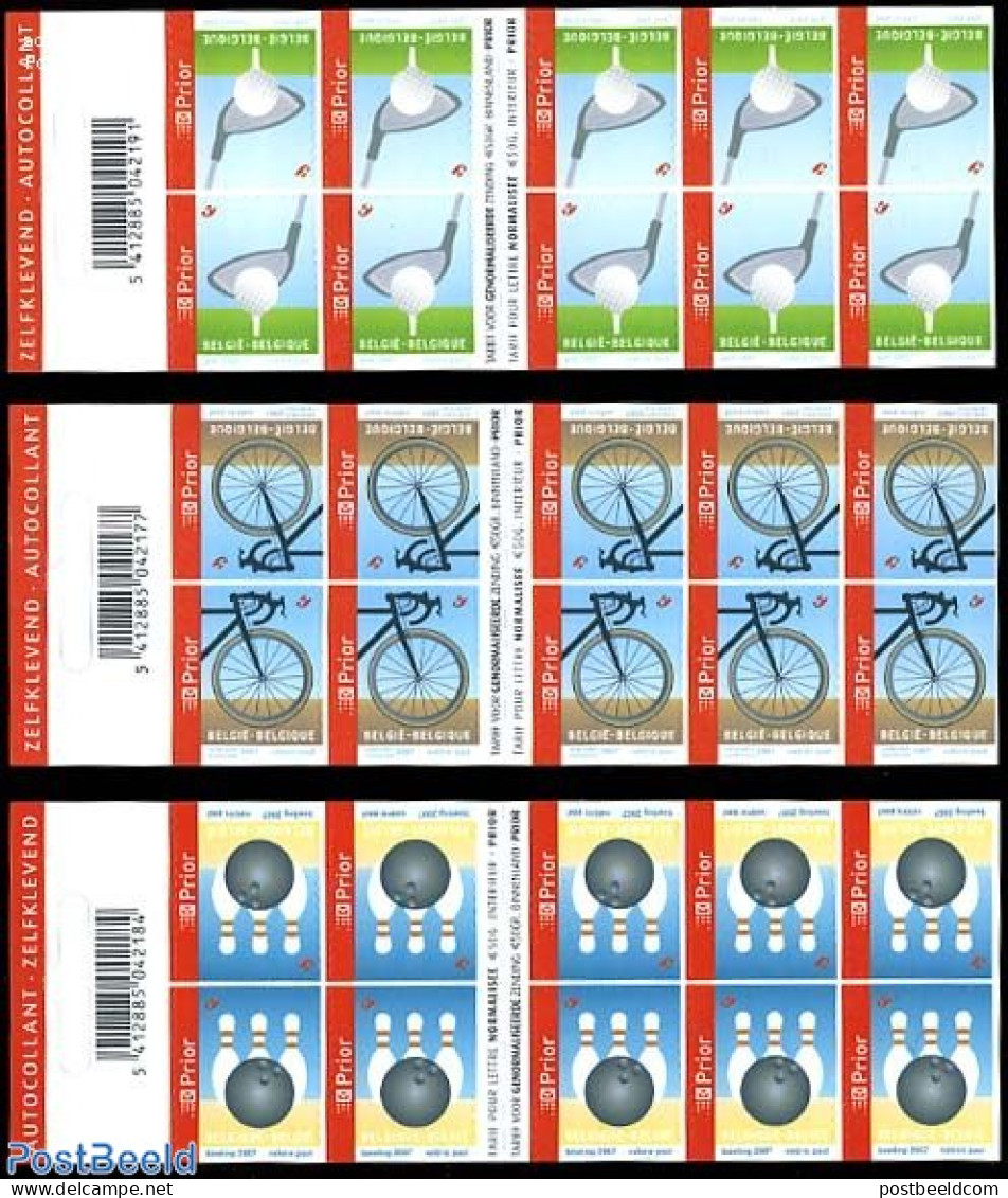 Belgium 2007 Sports 3 Foil Booklets, Mint NH, Sport - Cycling - Golf - Sport (other And Mixed) - Stamp Booklets - Unused Stamps
