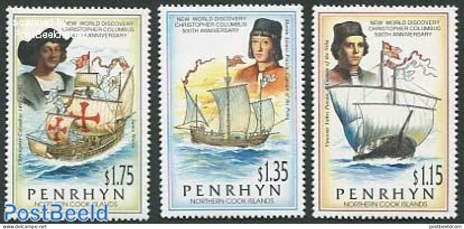 Penrhyn 1992 Discovery Of America 3v, Mint NH, History - Transport - Explorers - Ships And Boats - Explorateurs