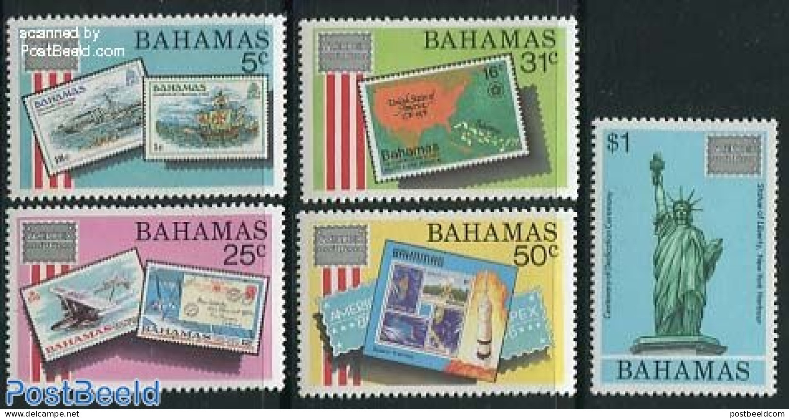 Bahamas 1986 Ameripex 5v, Mint NH, Transport - Various - Stamps On Stamps - Aircraft & Aviation - Space Exploration - .. - Stamps On Stamps