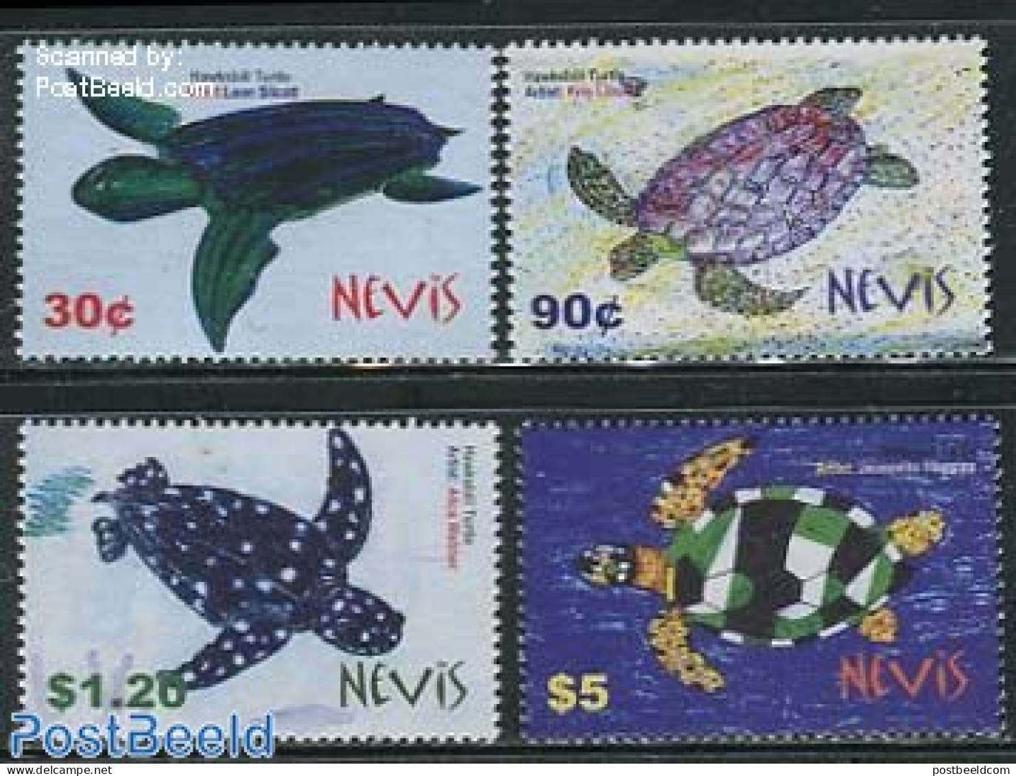 Nevis 2005 Turtles, Chrildren Drawings 4v, Mint NH, Nature - Reptiles - Turtles - Art - Children Drawings - St.Kitts-et-Nevis ( 1983-...)