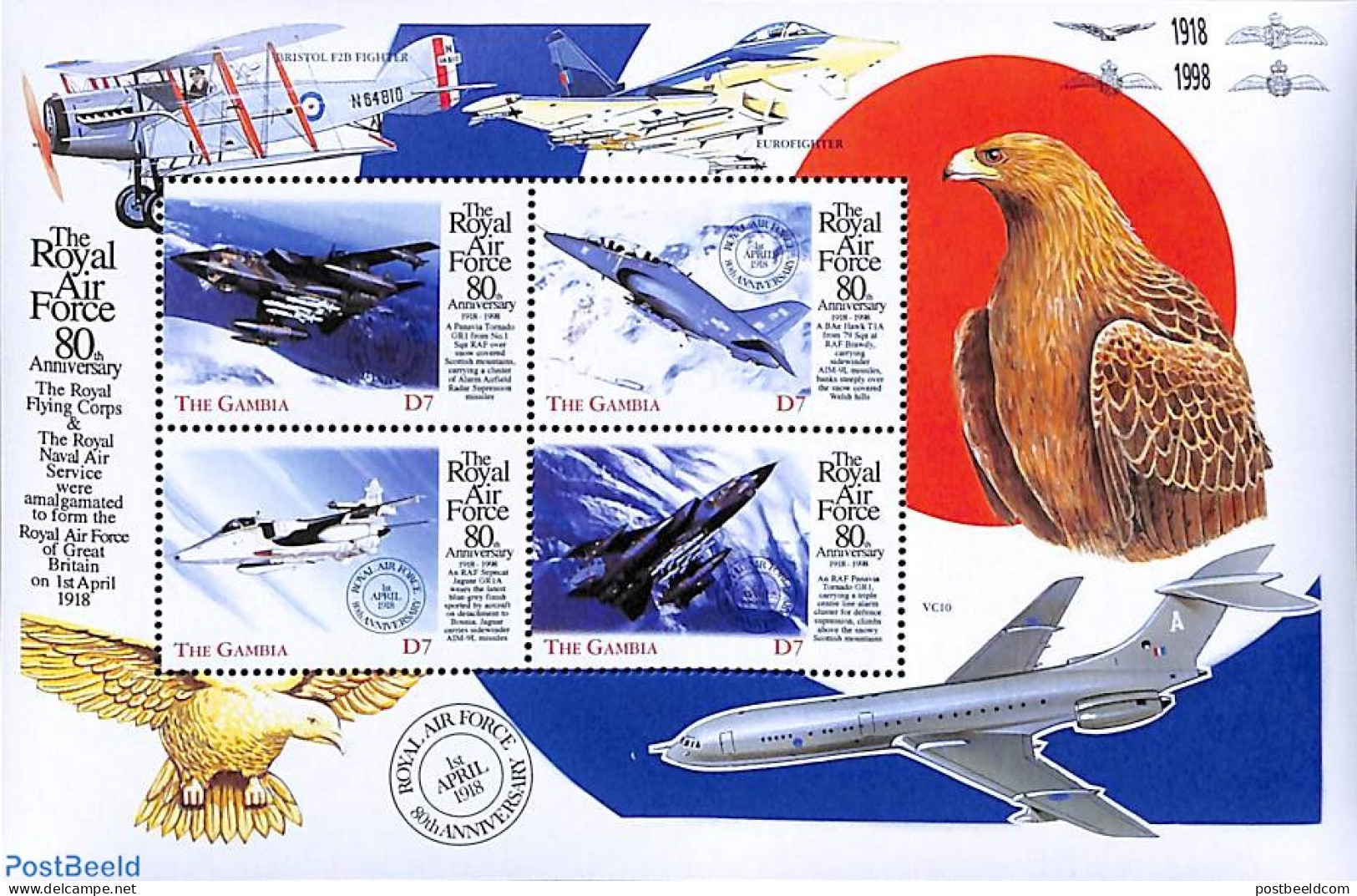 Gambia 1998 80 Years RAF 4v M/s, Mint NH, Nature - Transport - Birds - Aircraft & Aviation - Avions