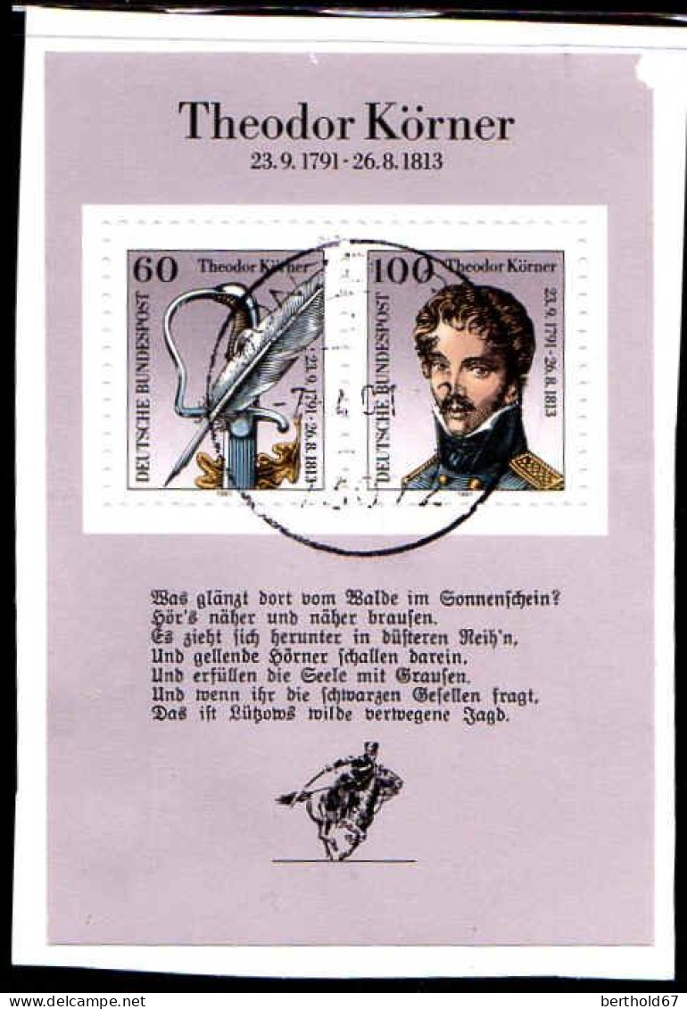 RFA Bloc Obl Yv:24 Mi:25 Theodor Körner 23.9.1791+26.8.1813 (TB Cachet Rond) - 1991-2000