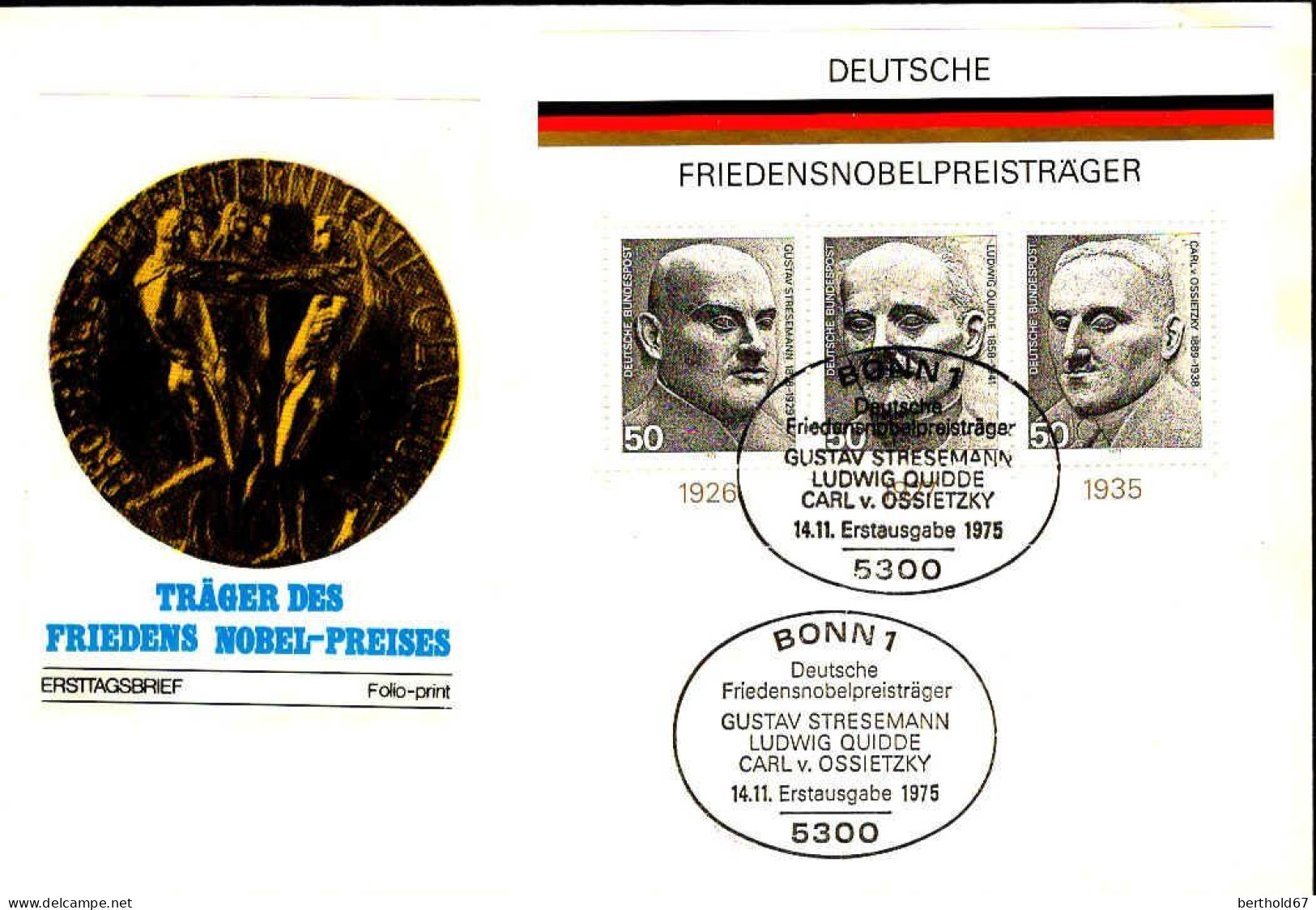 RFA Bloc Obl Yv:10 Mi:11 Deutsche Friedensnobelpreisträger (TB Cachet à Date) Fdc Bonn 14-11-75 - 1959-1980