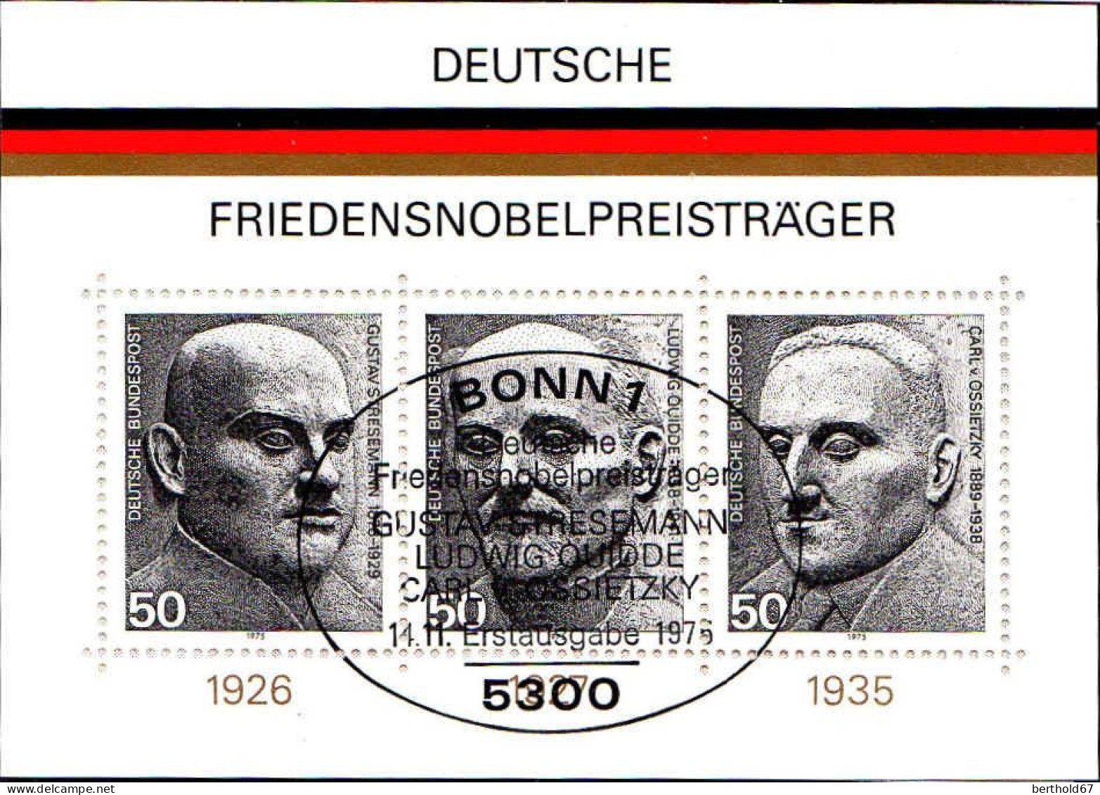 RFA Bloc Obl Yv:10 Mi:11 Deutsche Friedensnobelpreisträger Bonn 4-11-75 - 1959-1980