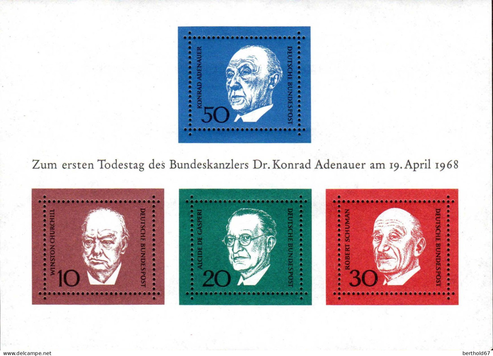 RFA Bloc N* Yv: 3 Mi:4 Zum 1.Todestag Des Bundeskanzlers Adenauer (défaut Gomme) - 1959-1980