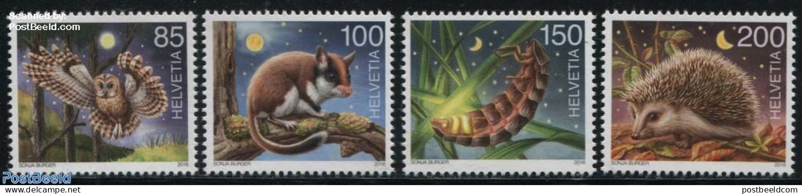 Switzerland 2016 Night Animals 4v, Mint NH, Nature - Animals (others & Mixed) - Birds - Birds Of Prey - Hedgehog - Ins.. - Unused Stamps