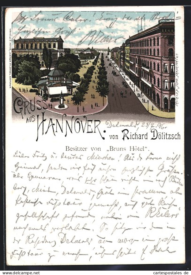 Lithographie Hannover, Bruns Hotel Von Richard Dölitzsch Am Kröpcke  - Hannover