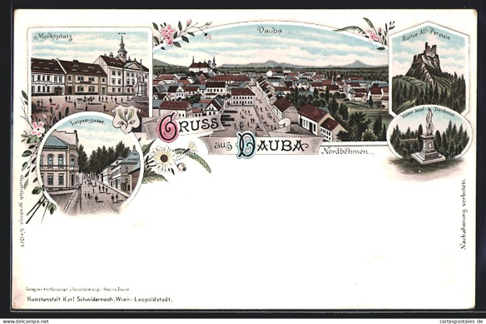 Lithographie Dauba, Leipaergasse, Marktplatz, Ortsansicht, Kaiser Josef-Denkmal  - Tchéquie