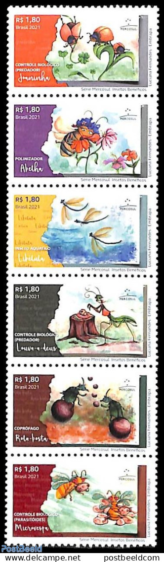 Brazil 2021 Mercosur, Insects 6v [:::::], Mint NH, Nature - Insects - Art - Children's Books Illustrations - Unused Stamps
