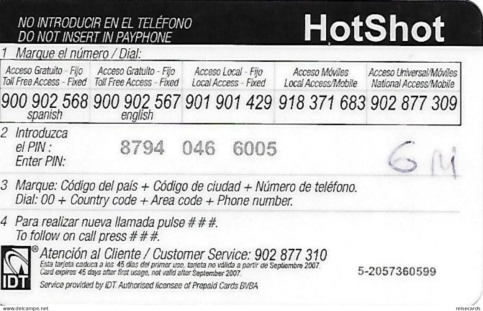 Spain: Prepaid IDT - HotShot 09.07 - Autres & Non Classés