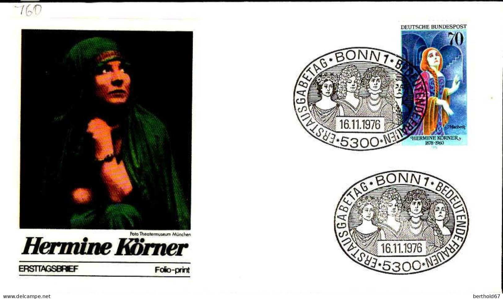RFA Poste Obl Yv: 760 Mi:911 Hermine Körner (TB Cachet à Date) Fdc Bonn 16-11-76 - 1971-1980