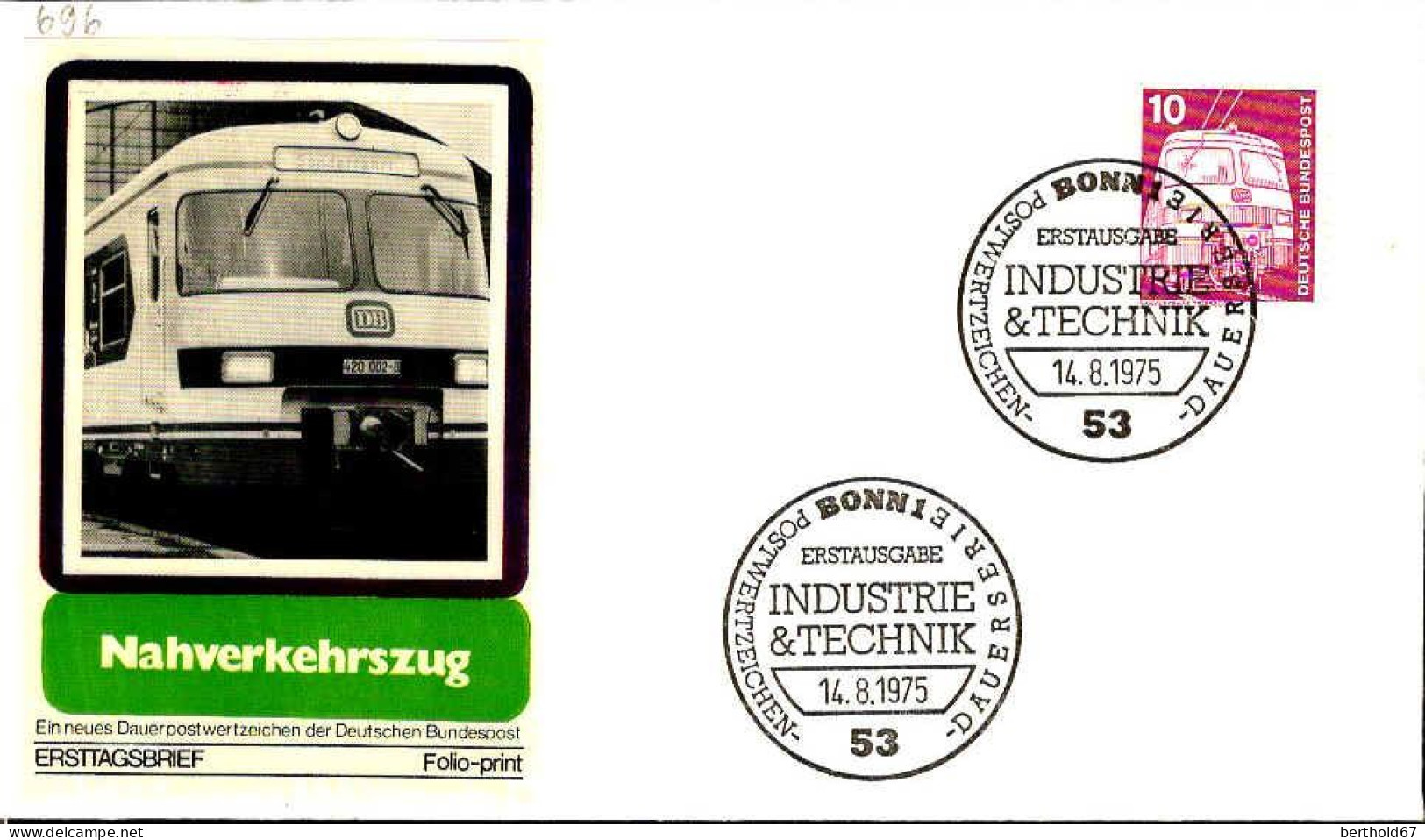 RFA Poste Obl Yv: 696 Mi:847 Nahverkehrs-Triebzug (TB Cachet à Date) Fdc Bonn 14-8-75 - 1971-1980