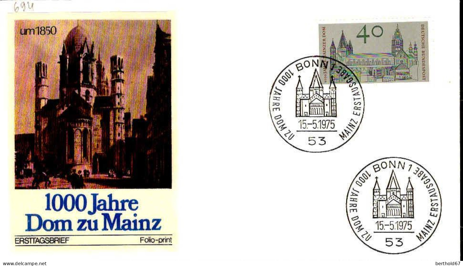 RFA Poste Obl Yv: 694 Mi:845 Mainzer Dom (TB Cachet à Date) Fdc Bonn 15-5-75 - 1971-1980
