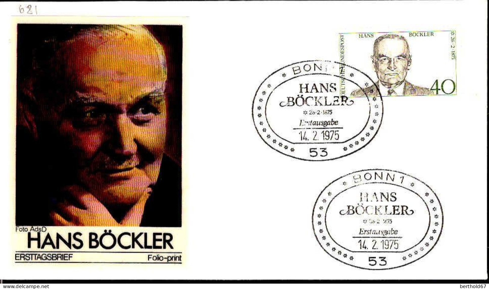 RFA Poste Obl Yv: 681 Mi:832 Hans Böckler Homme Politique Allemand (TB Cachet à Date) Fdc Bonn 14-2-75 - 1971-1980