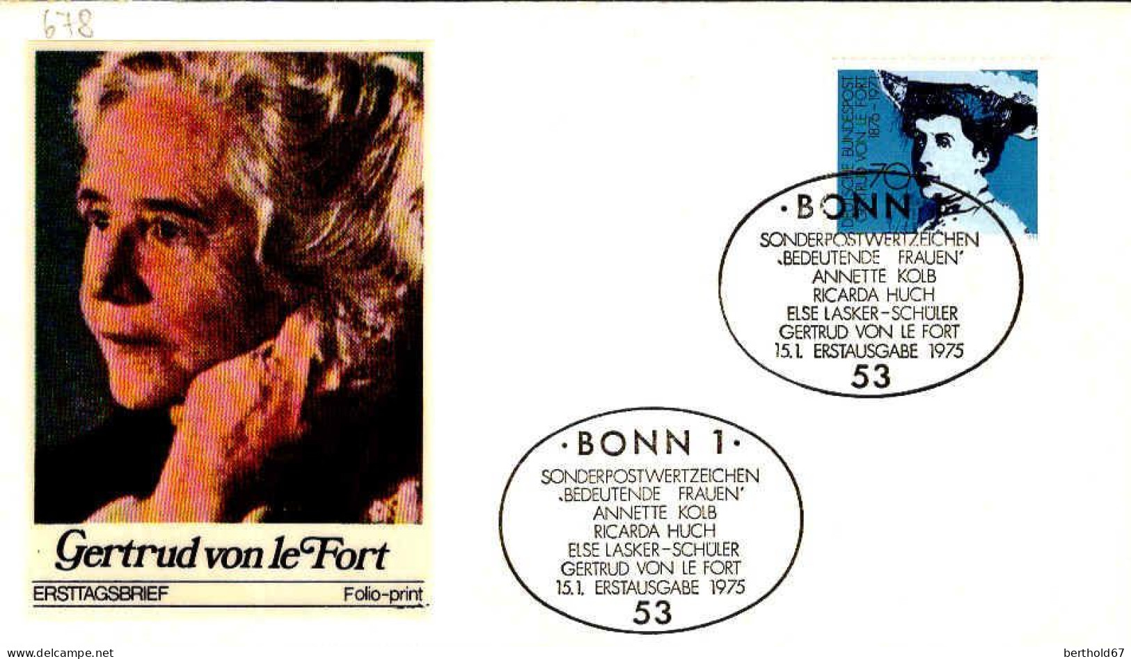 RFA Poste Obl Yv: 678 Mi:829 Gertrud Von Le Fort (TB Cachet à Date) Fdc Bonn 15-1-75 - 1971-1980