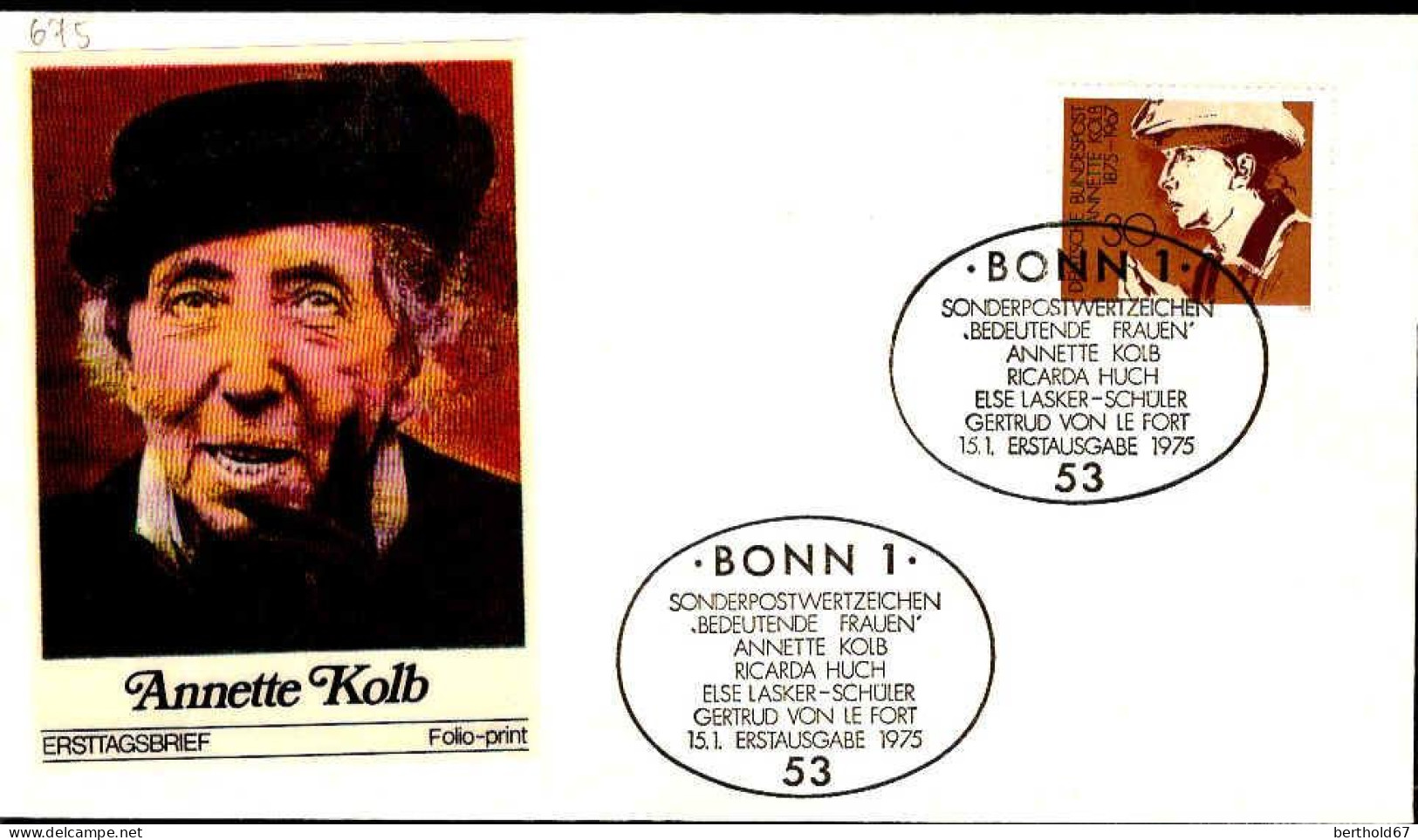 RFA Poste Obl Yv: 675 Mi:826 Annette Kolb (TB Cachet à Date) Fdc Bonn 15-1-75 - 1971-1980