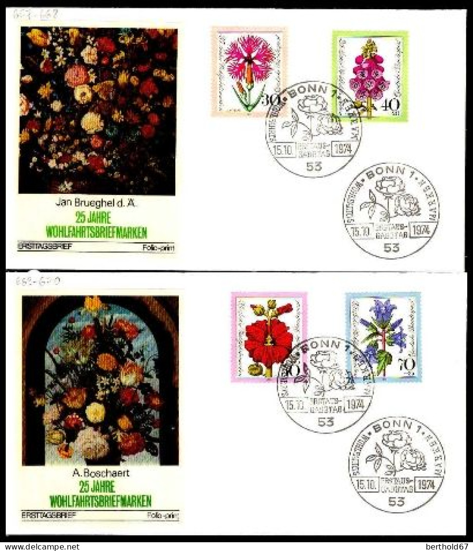 RFA Poste Obl Yv: 667/670 25.Jahre Wohlfahrtsmarken Fleurs (TB Cachet à Date) Fdc Bonn 15-10-74 - 1971-1980