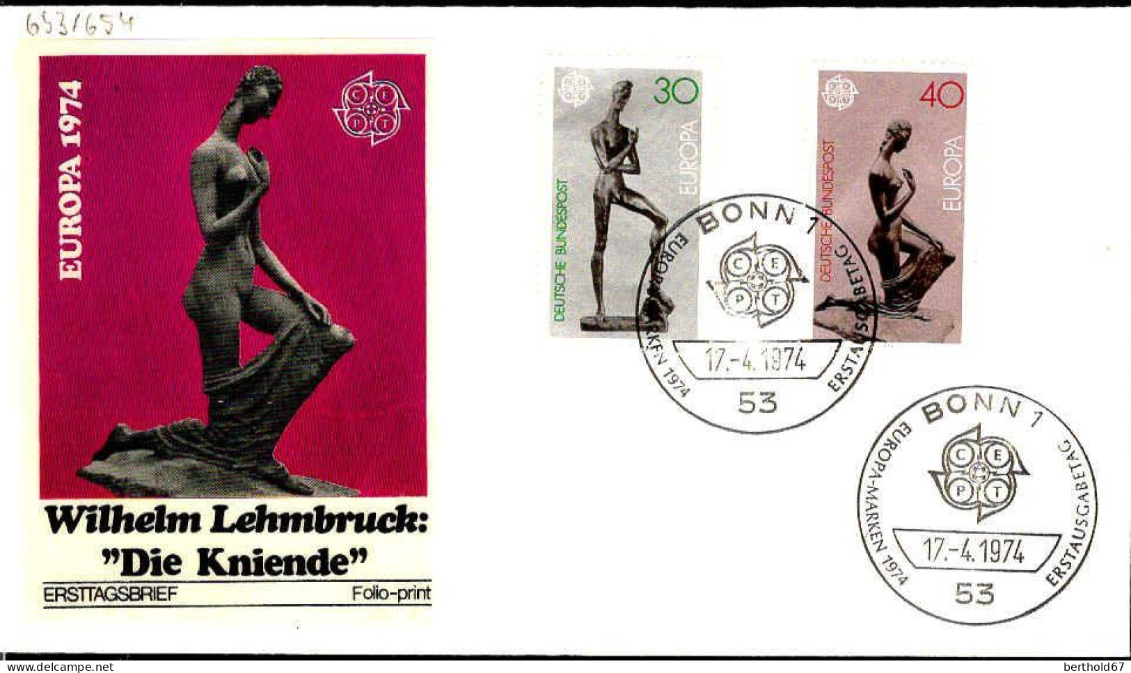 RFA Poste Obl Yv: 653/654 Europa Cept Sculptures De Wilhelm Lehmbruck (TB Cachet à Date) Fdc Bonn 17-4-74 - 1971-1980