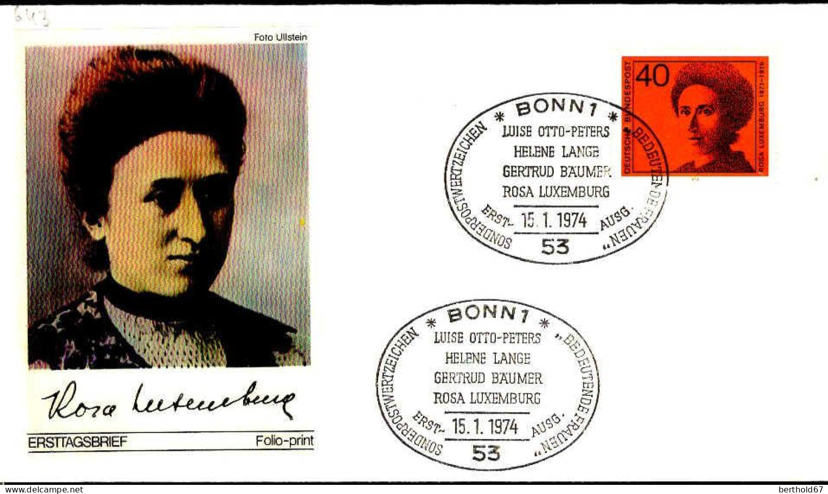 RFA Poste Obl Yv: 643 Mi:794 Rosa Luxemburg (TB Cachet à Date) Fdc Bonn 15-1-74 - 1971-1980