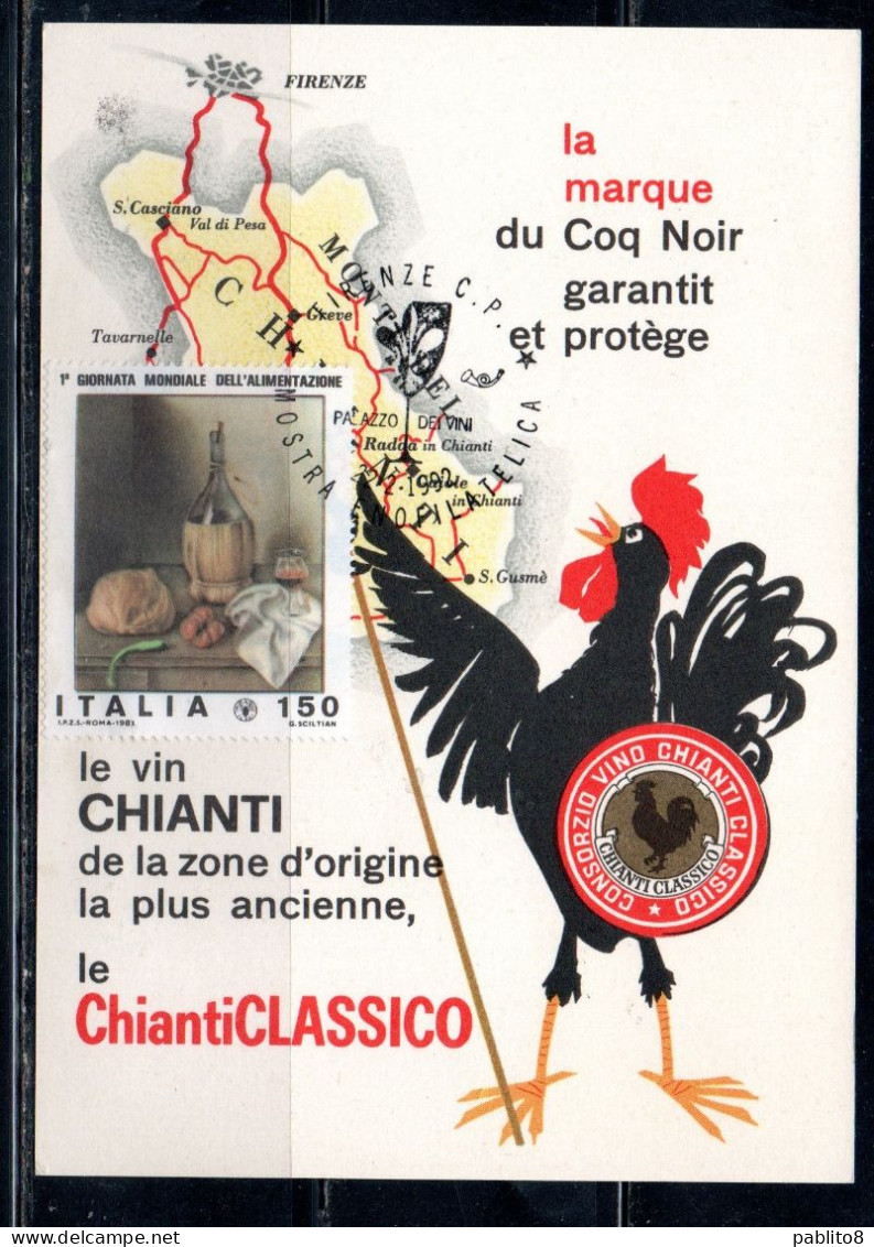 ITALIA 22-2-1992 LE VIN CHIANTI CLASSICO LA MARQUE DU COC NOIR GARANTIT ET PROTEGE CARTOLINA CARD MAXIMUM VIAGGIATA - Cartes-Maximum (CM)
