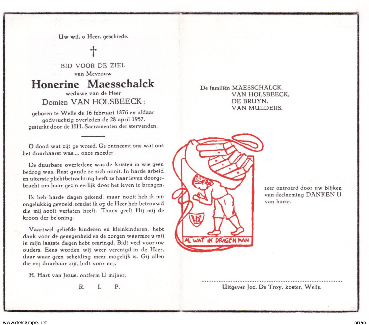 DP Honerine Maesschalck ° Welle Denderleeuw 1876 † 1957 X Domien Van Holsbeeck // De Bruyn Van Mulders - Images Religieuses