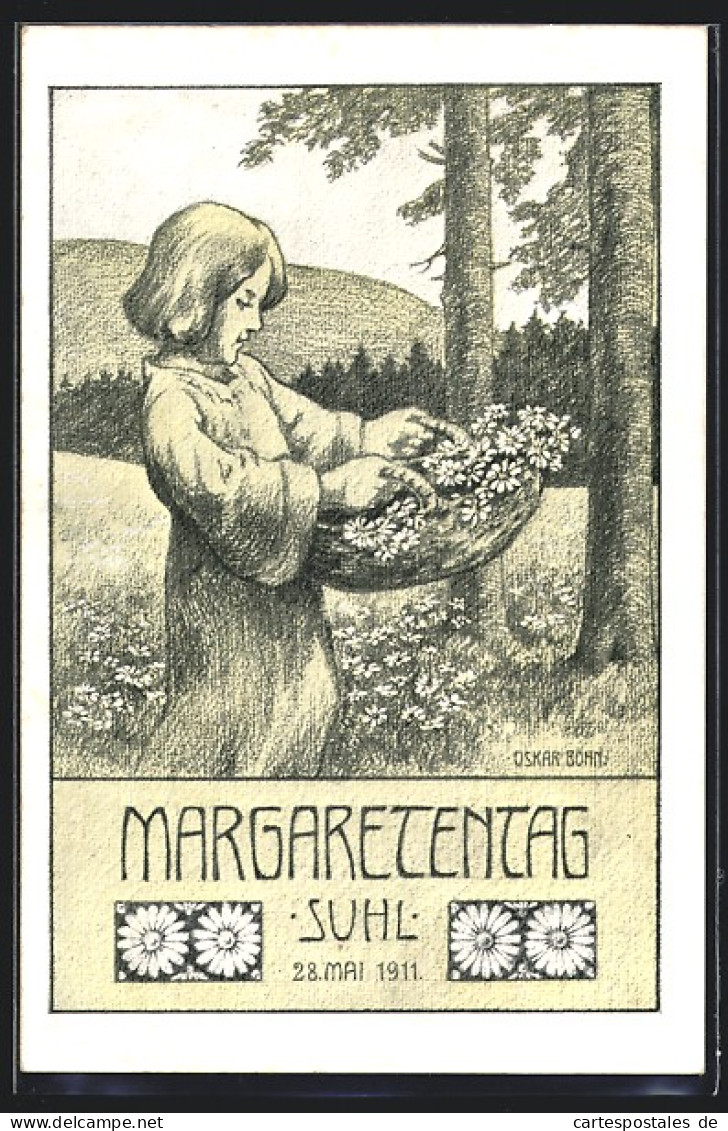 Künstler-AK Suhl, Margaretentag 1911, Mädchen Sammelt Margareten  - Autres & Non Classés