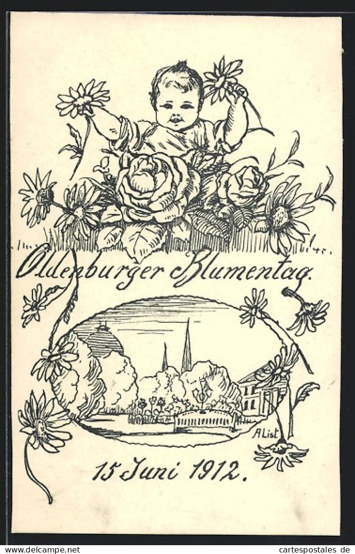 Künstler-AK Oldenburg, Blumentag 1912, Kleinkind Mit Blumen  - Sonstige & Ohne Zuordnung