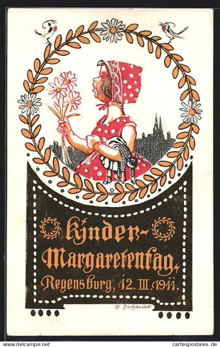 Künstler-AK Regensberg, Kinder-Margaretentag 1911, Mädchen Mit Puppe Und Margeriten  - Autres & Non Classés