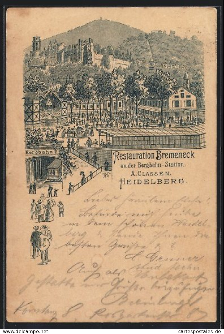 Vorläufer-Lithographie Heidelberg, 1894, Restaurant Bremeneck Von A. Classen, An Der Bergbahn-Station  - Heidelberg