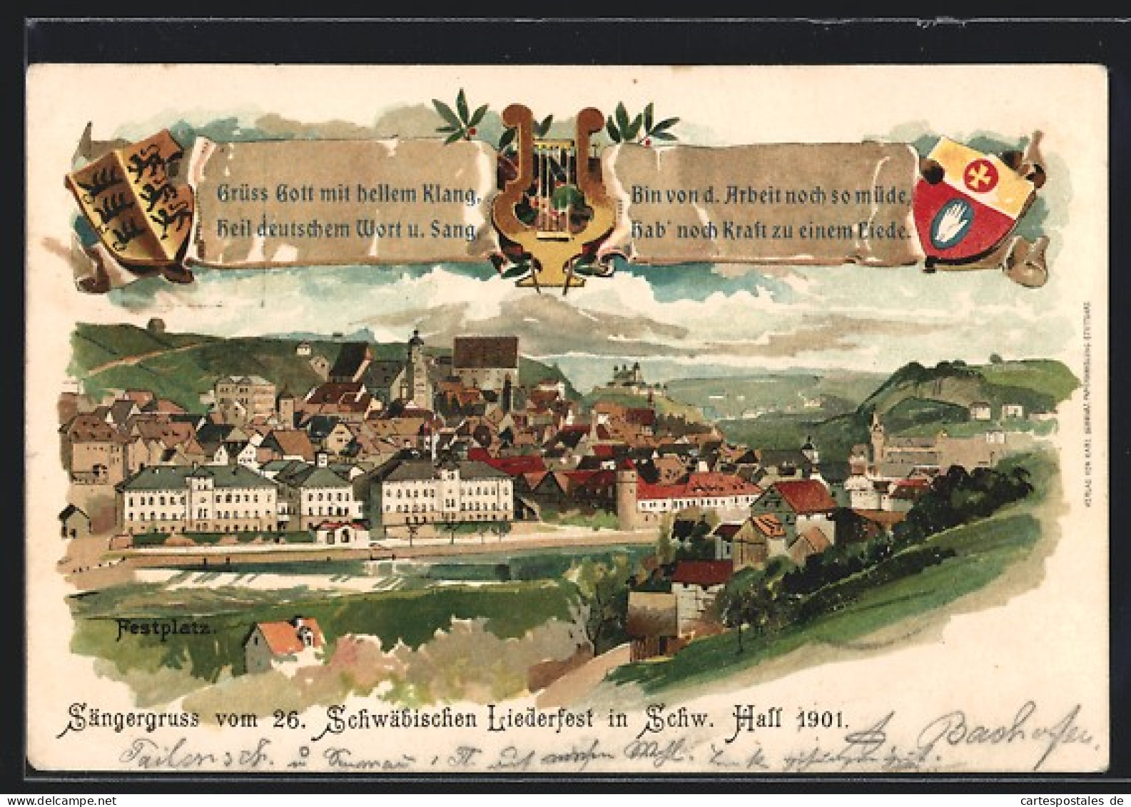 Lithographie Ganzsache Württemberg PP11C48: Schwäbisch Hall, 26. Schwäbisches Liederfest 1901, Festplatz & Ortsansi  - Cartes Postales